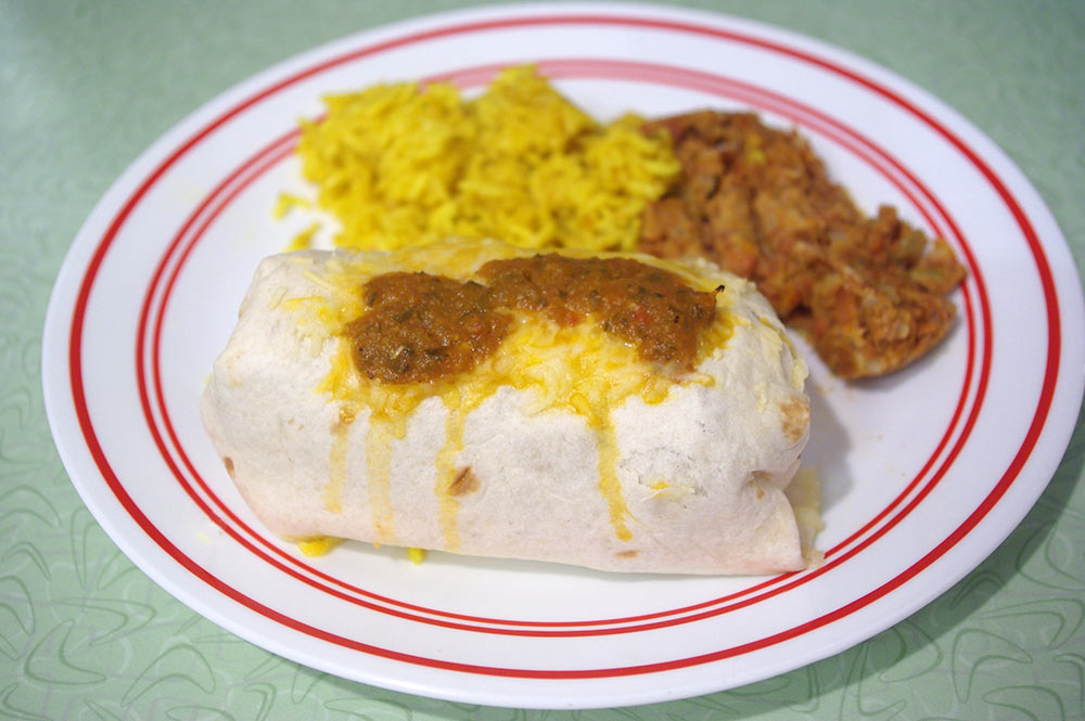Rice, beans and pork burrito.