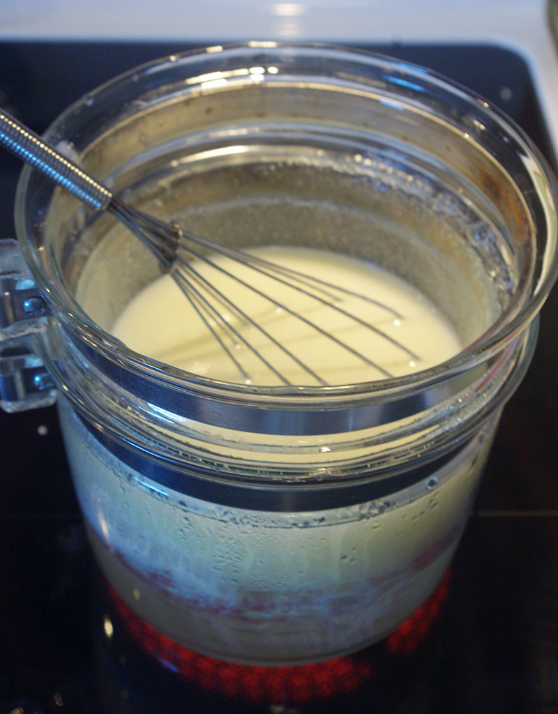 The first ingredients of the buttercream, in my Pyrex double-boiler