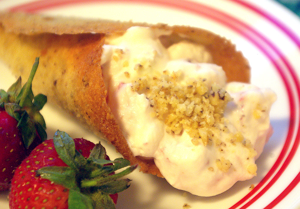 A close-up of the cream filled cornucopias