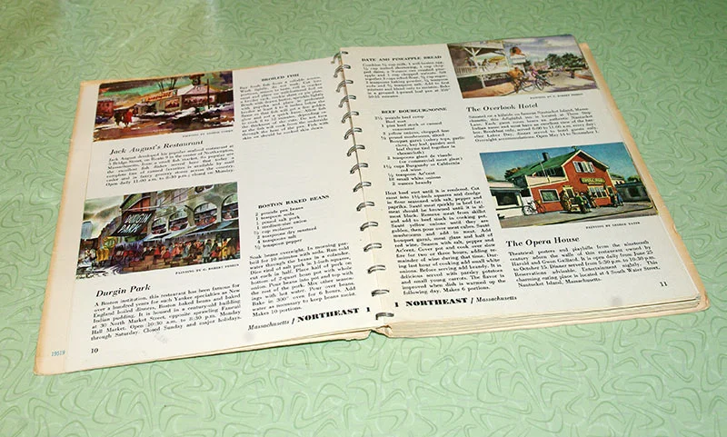A page spread, showing the illustrations of the different restaurants.
