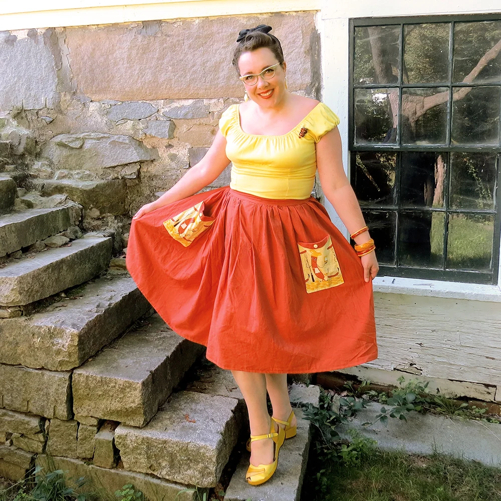 Modeling my new skirt. The top is from Pinup Girl Clothing , shoes by Rocket Originals and jewelry all vintage.