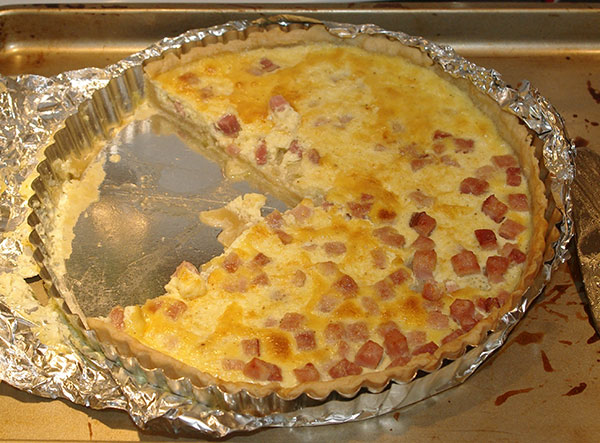 The finished quiche. Much of the filling on the right-hand side had drained out so the ham is much more visible.