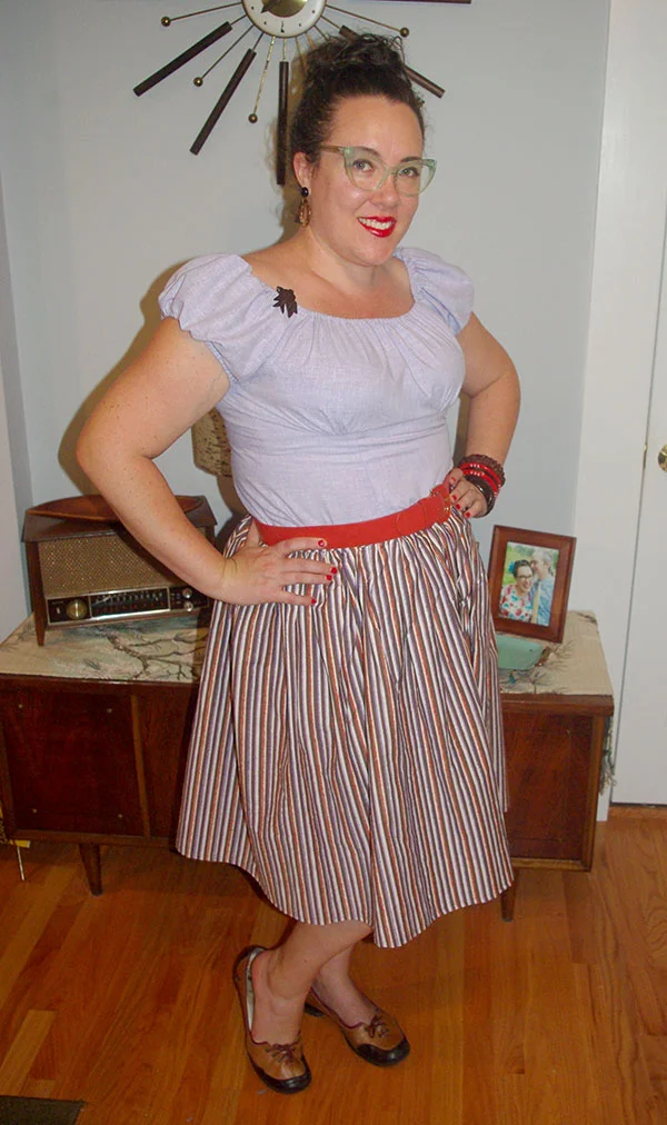 My new lavender gathered sleeve blouse with gathered dirndl-style skirt.