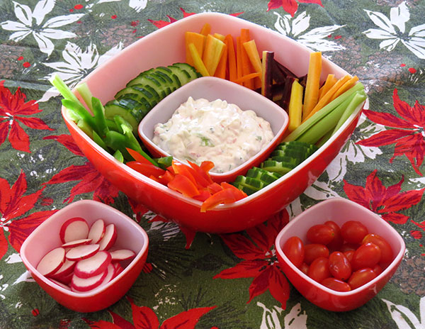 Veggie platter served in a vintage Pyrex Hostess Set.