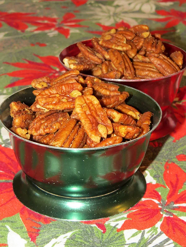 Southern Belle Hot Pecans served in vintage aluminum ice-cream dishes