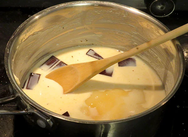 Chocolate fudge ingredients in a saucepan