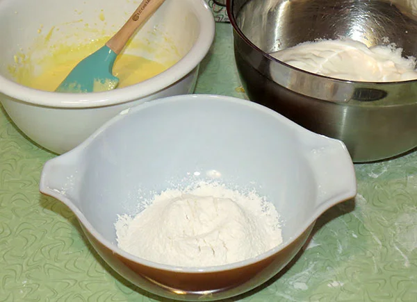 The three parts of the batter; egg mixture, egg whites and dry ingredients