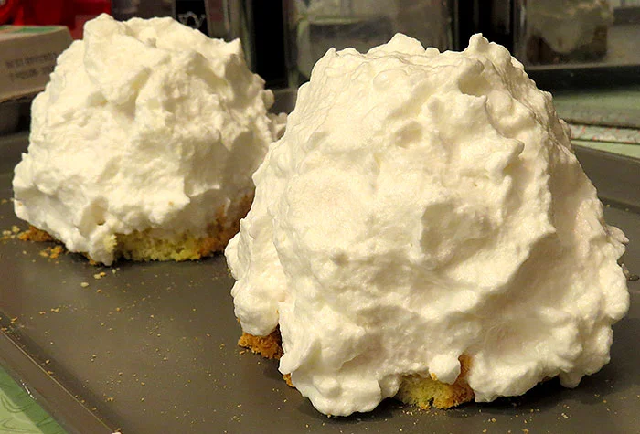 The fully assembled baked Alaskas ready for the oven