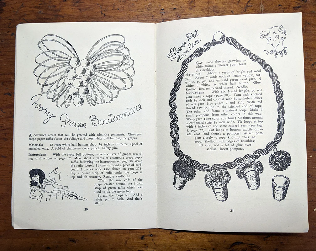The instructions for the Ivory Grape Boutonniere and the Flower Pot necklace. Like the Flower Pot necklace, I think the Grape Boutonniere is one of the better designs in the book.