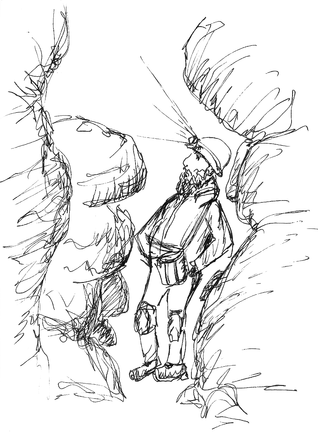 Pen sketch of a tour guide in Mammoth Cave National Park (sketch by E. K. Goodman)