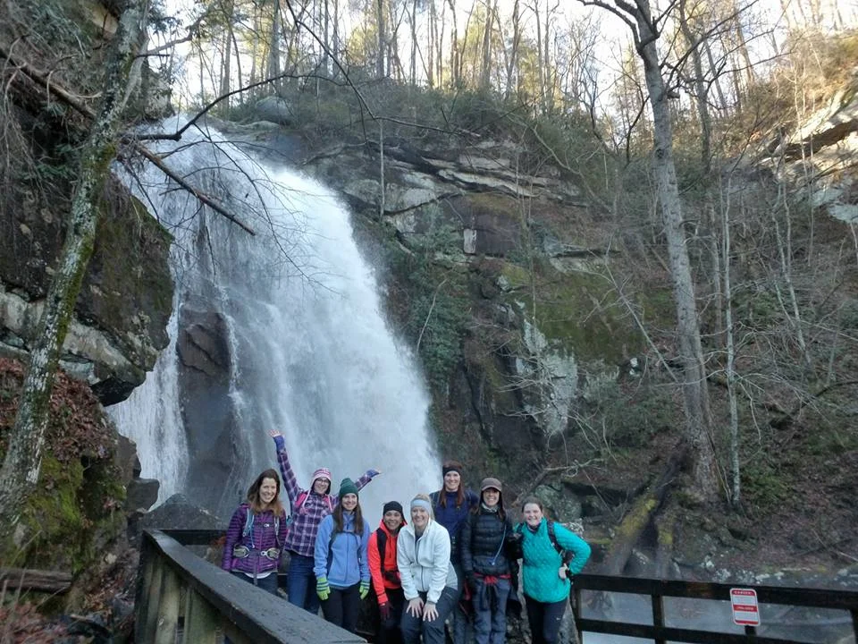 Girls Who Hike NC meet-up, all precariously balanced on an icy observation deck trying not to fall over 😂 Photo credit: Rachel Shannon