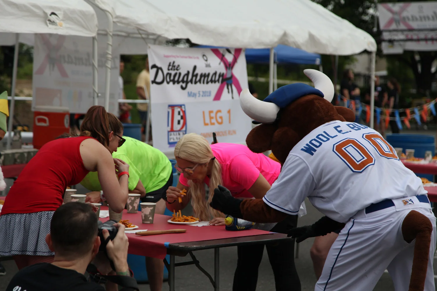 Wool E. Bull (Durham Bulls baseball team mascot) made an appearance to cheer on Jill and other competitors! Photo courtesy of Michael Peace.