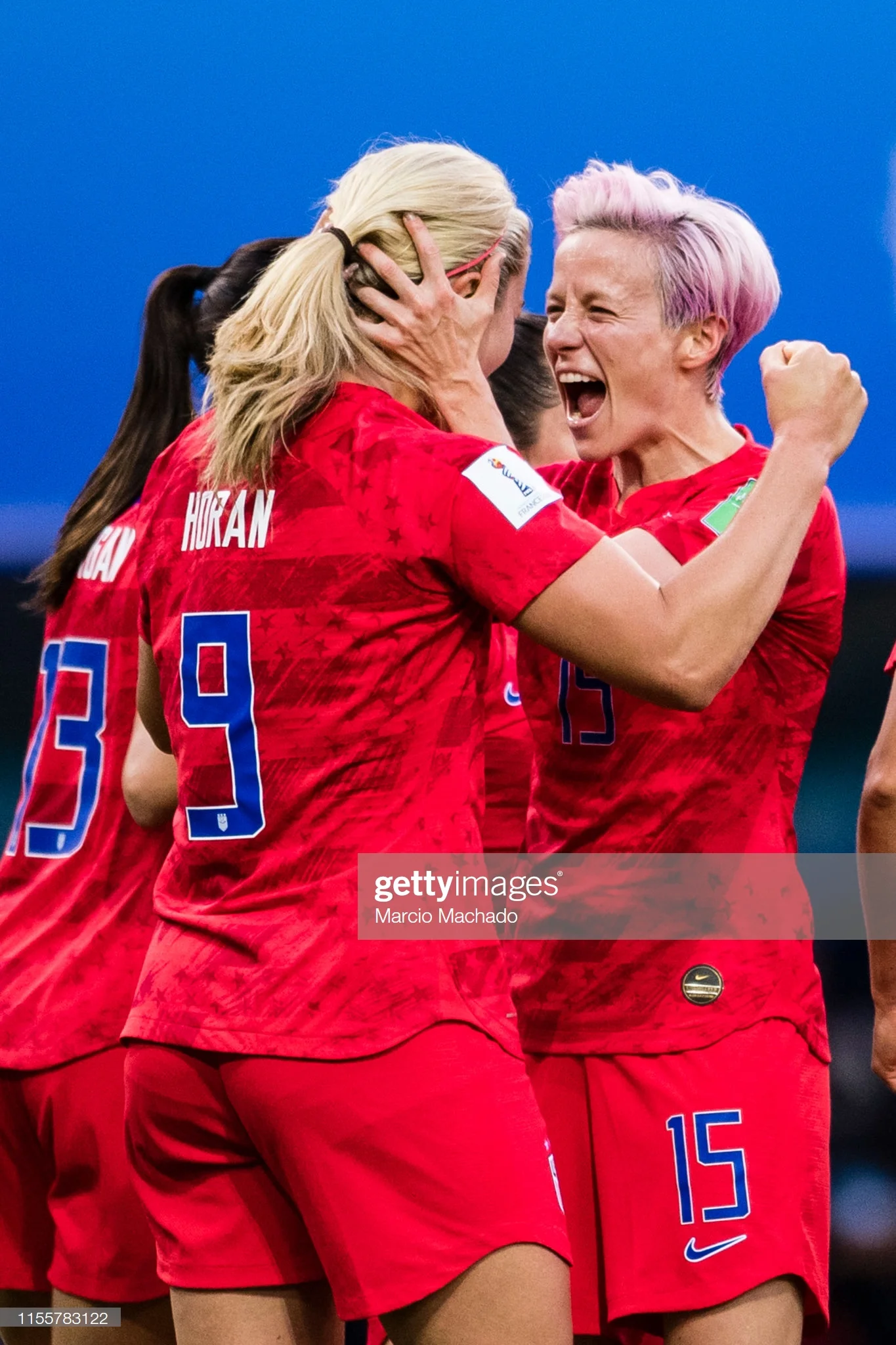 USA v Thailand: Group F - 2019 FIFA Women's World Cup France REIMS, FRANCE - JUNE 11: Lindsey Horan of United States (L) celebrates a goal with Megan Rapinoe (R) during the 2019 FIFA Women's World Cup France group F match between USA and Thailand at Stade Auguste Delaune on June 11, 2019 in Reims, France. (Photo by Marcio Machado/Getty Images)