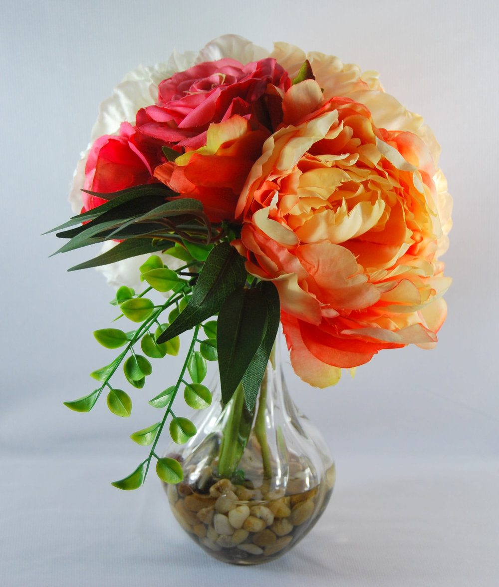 Spring Floral Arrangement Silk Peonies In Glass Vase Peach Peony White Peony And Roses In Glass Vase With Artificial Water Floral Designs By Alka