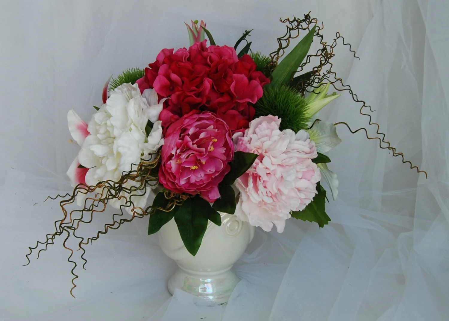 Silk Flower Arrangements Pink Peony Hydrangeas Tiger Lillies And Green Dianthus Silk Peony Hydrangeas Silk Flowers Floral Centerpiece Floral Designs By Alka