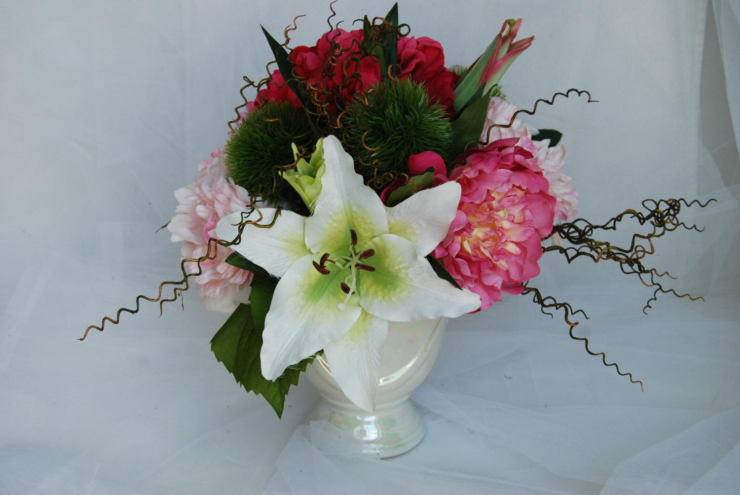 Silk Flower Arrangements Pink Peony Hydrangeas Tiger Lillies And Green Dianthus Silk Peony Hydrangeas Silk Flowers Floral Centerpiece Floral Designs By Alka