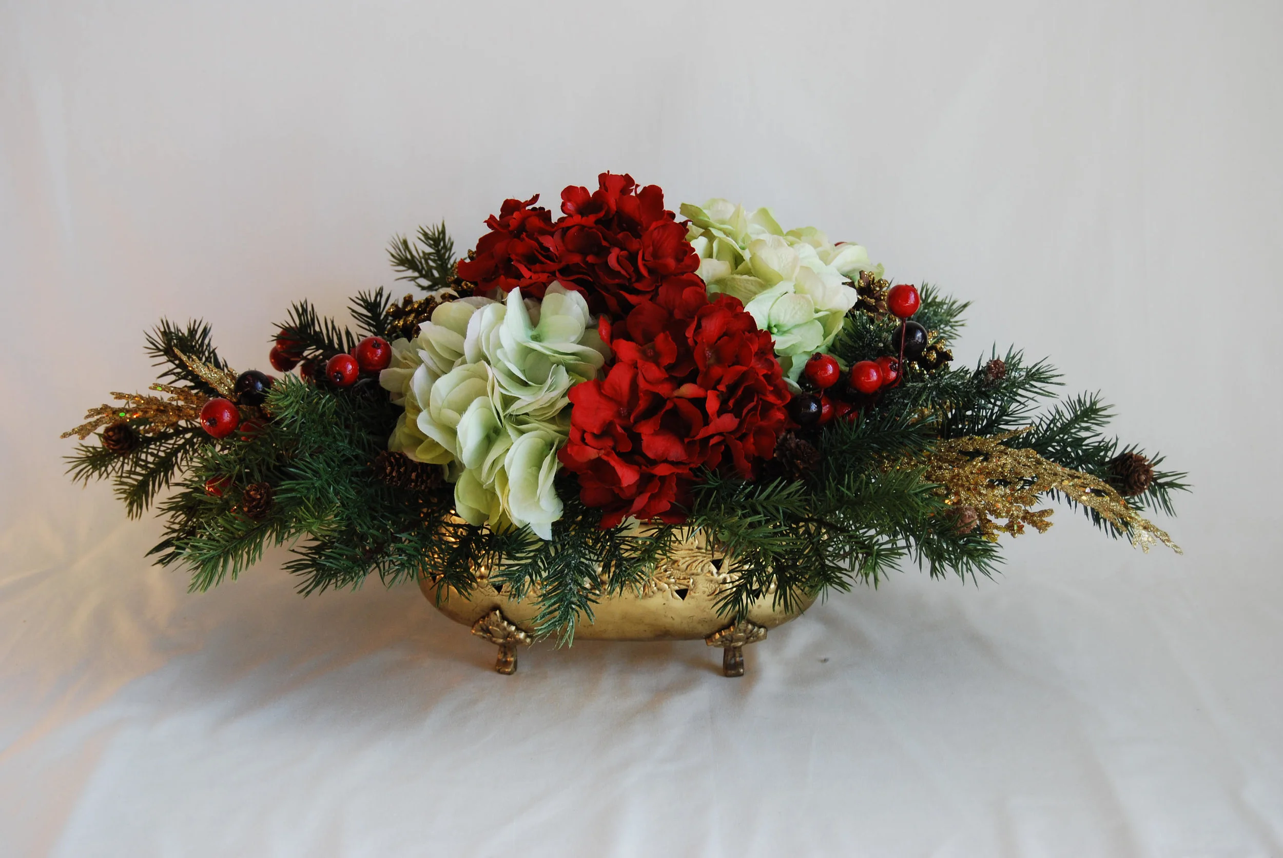 Christmas Floral Arrangement Silk Hydrangeas, Berries and evergreens