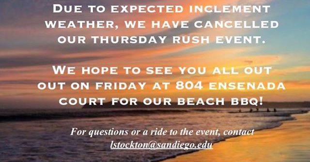 We are sorry to announce that, due to weather, we are cancelling our Thursday (Feb 14th) event scheduled for the USD pool deck. Make sure to get out to the bbq on Friday as it is our last open event!