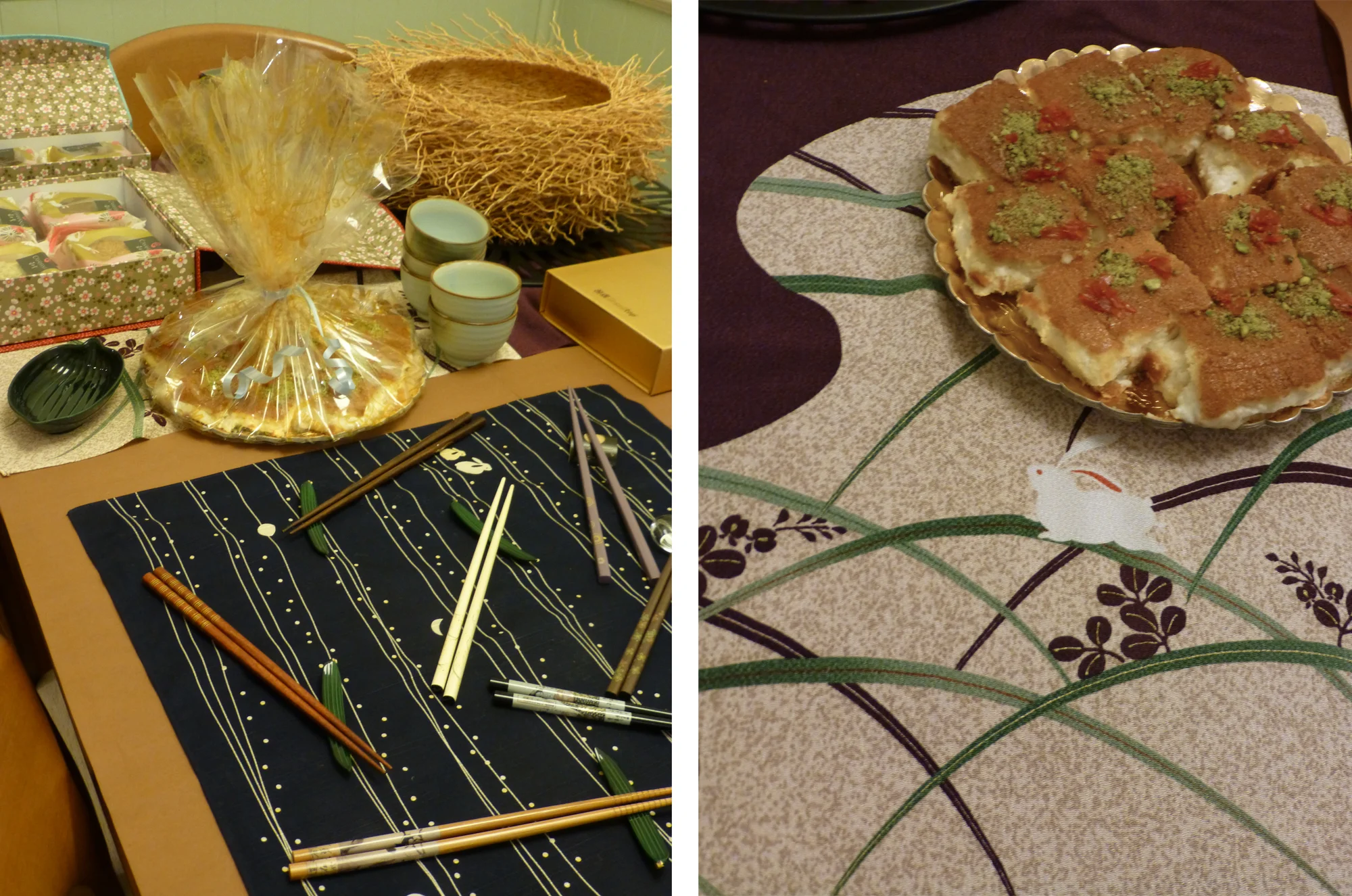 The table set with chopsticks, moon cakes and Arabic sweets.