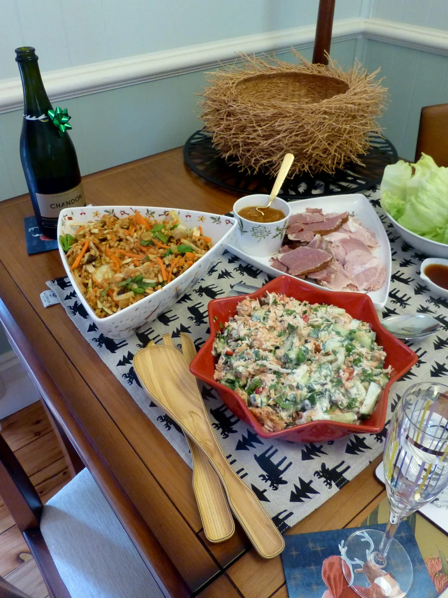 Boxing Day lunch was a chance for Geoff's family to come over, see the tree and share some salads. They brought san choy bow and roast duck to go with another round of smoked trout salad, barley and carrot salad and leftover ham. 