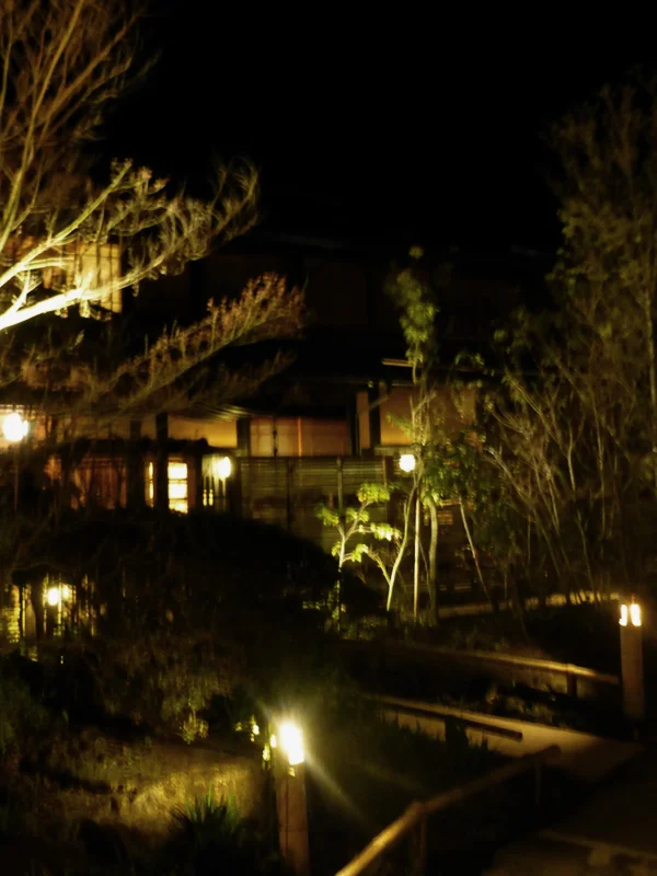 A dance of lanterns light up the Ryokan at night
