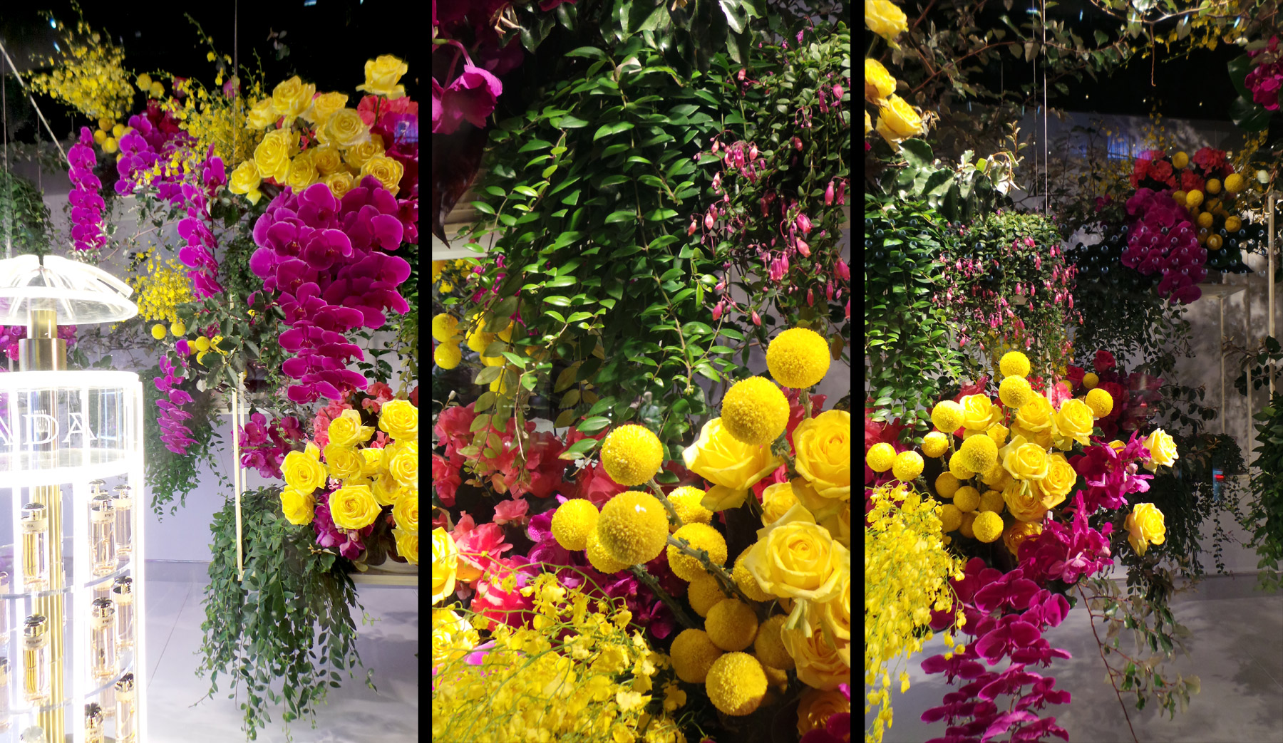 Illuminated Prada perfume bottles were a statement on the overall theme of the flower show - luminescent but I kept being distracted by the drama of this display. Those yellows and purples and the different flower and leaf shapes all worked together to create a lot of impact. 