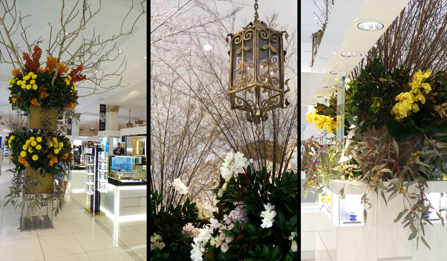Moving inside the store the mass array of flowers continues with towering arrangements of twigs and sprawling florals. 