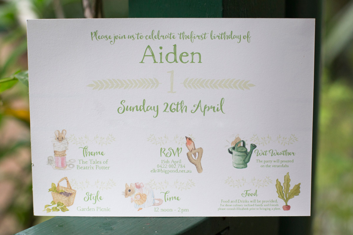 Reverse side of Aiden's Beatrix Potter themed party Invitation