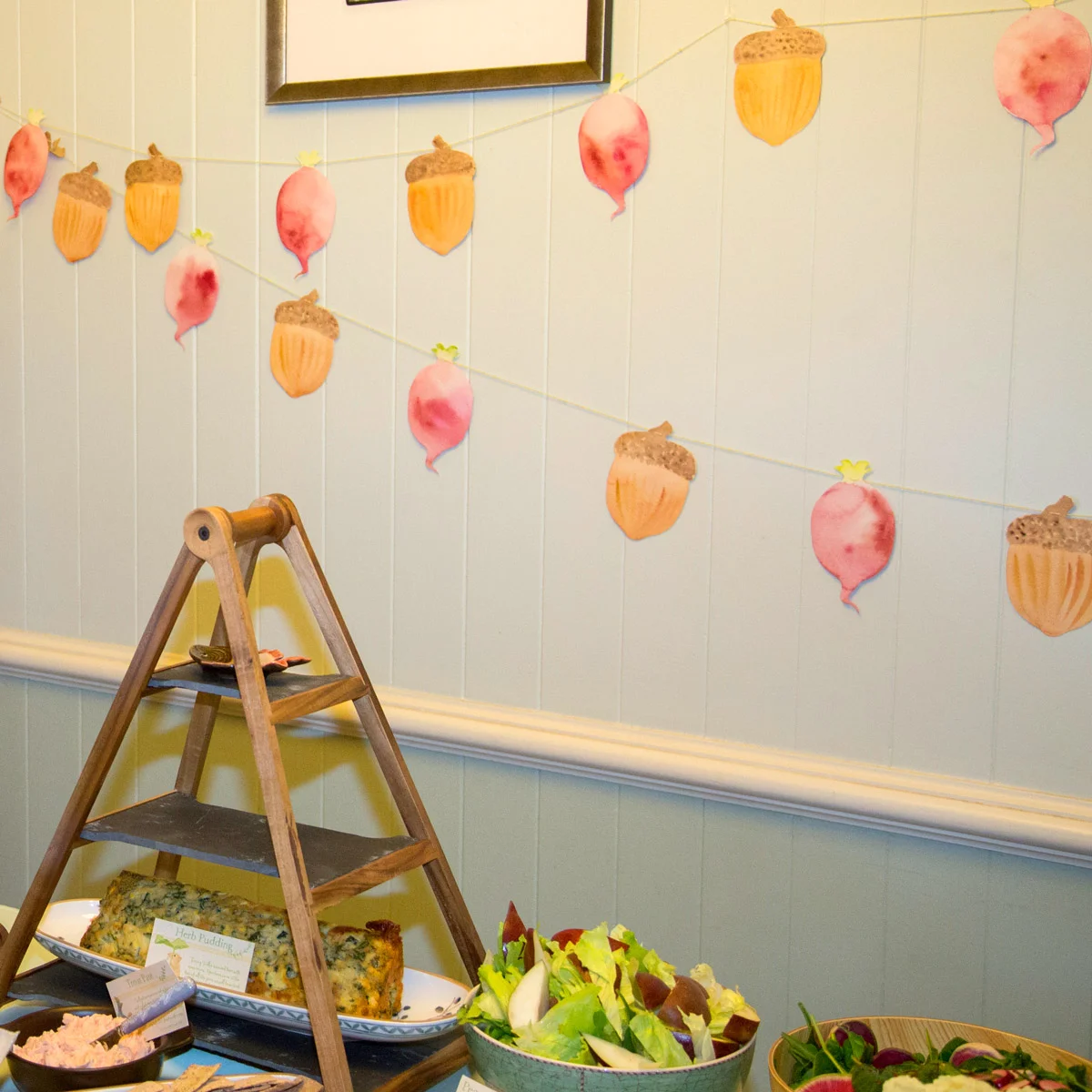 Hand-Painted radish and acorn bunting inspired by the Tales of Beatrix Potter 