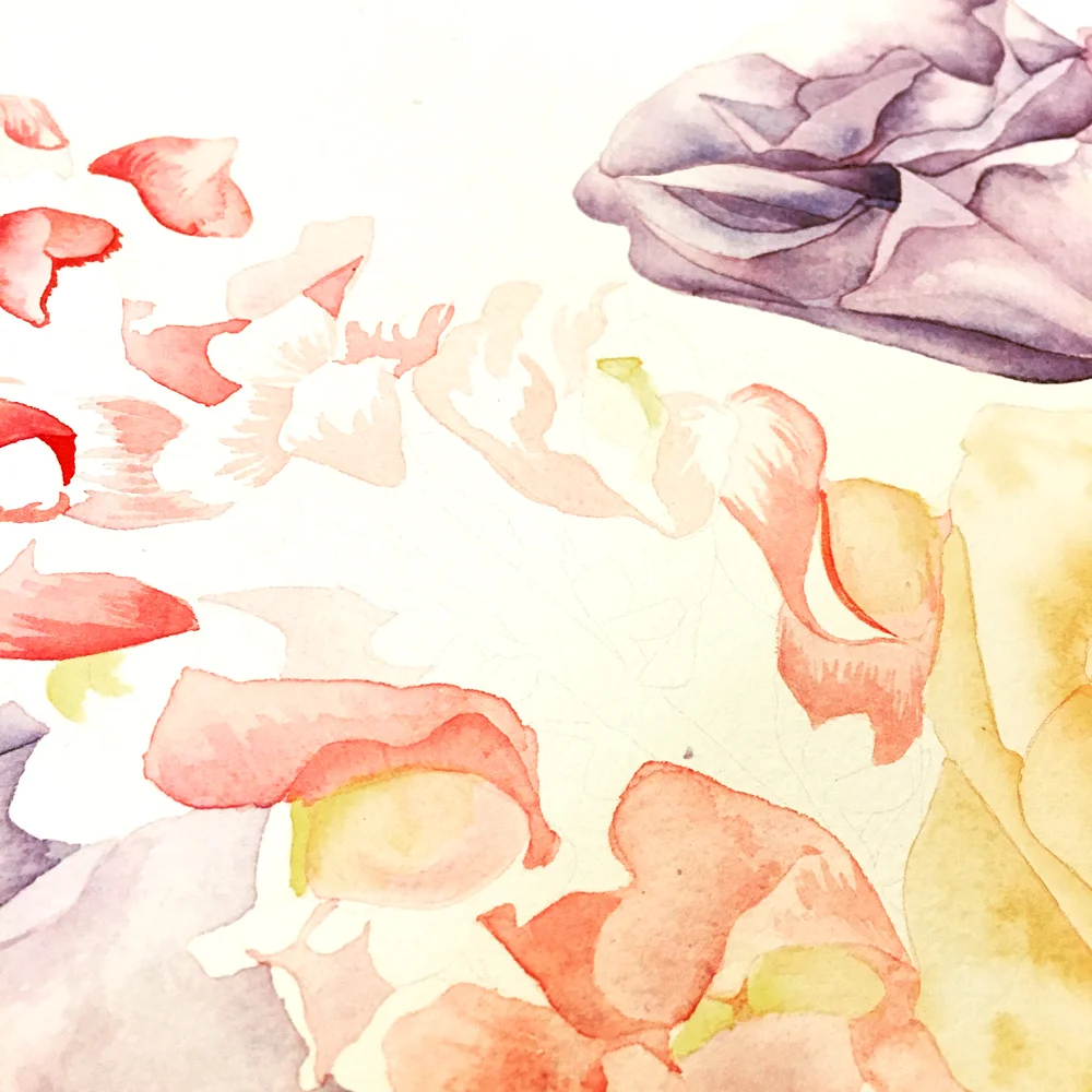 A work-in-progress shot of the painting as I worked applying layers of paint to each petal. 