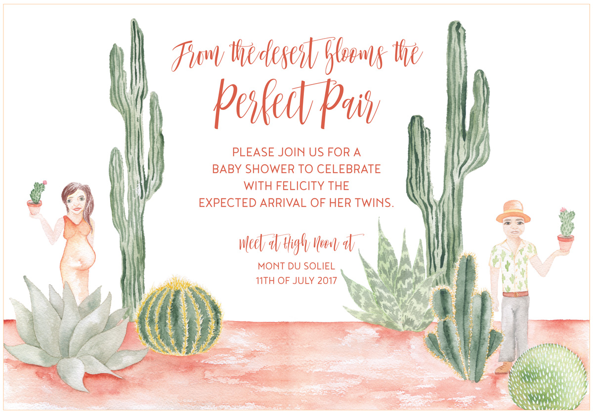 The central main invitation by ELK Prints features a desert scene with the parents to be on either side holding aloft the symbol of their expectant twins. 
