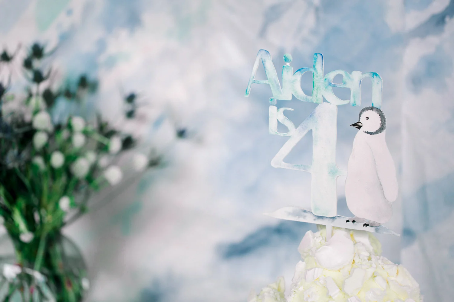Bespoke Penguin Cake Topper in hand-painted watercolours 