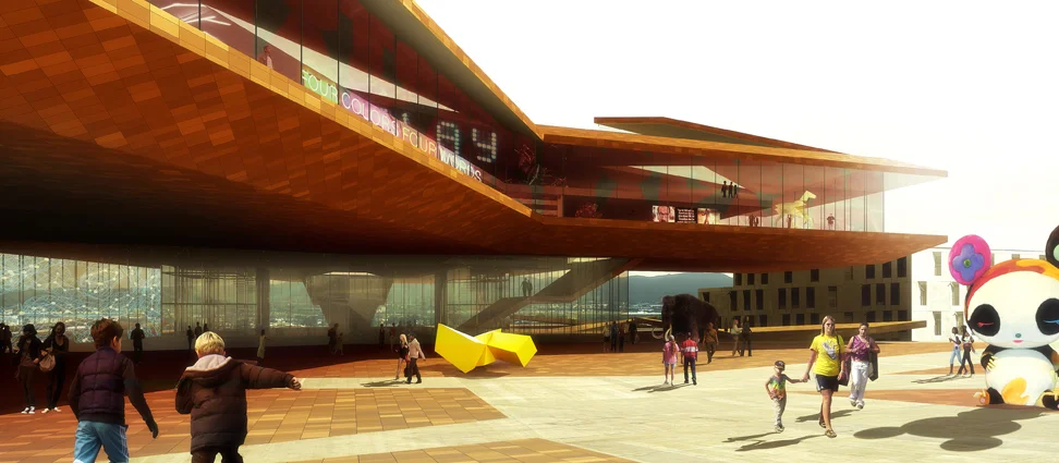 Ce projet est le nouveau musée d’arts dans la ville de Maribor. Projet de 30 000 m2, il doit intégrer dans son sein à la fois des expositions, des ateliers de recherches et des espaces de conférences. Il représente le nouveau dynamisme de la ville, et notamment d’ici à 2012. En bord de fleuve, ce projet est à la charnière de l’ancienne ville médiévale et la future ZAC en cours de construction. Qui dit nouvel équipement, dit dynamisme et une volonté d’inscrire un changement dans le paysage Slovène. Afin de palier à une écriture massive ancrée dans le sol, actuelle dans Maribor, l’idée a été de lever projet afin à la fois de palier aux problèmes de dénivelés du terrain mais aussid’apporter un panorama à l’intérieur du projet. Tripode massif, ce dernier vient s’aligner à des endroits stratégiques du site afin d’apporter des vues et pontons aux visiteurs tout en permettant de faire des appels urbains à la croisée des rues conservées. L’aspect architectural et esthétique est une carapace se développant sur les 5 façades du projet, permettant à la fois une résistance thermique mais aussi de libérer de la lumière par ses cassures.