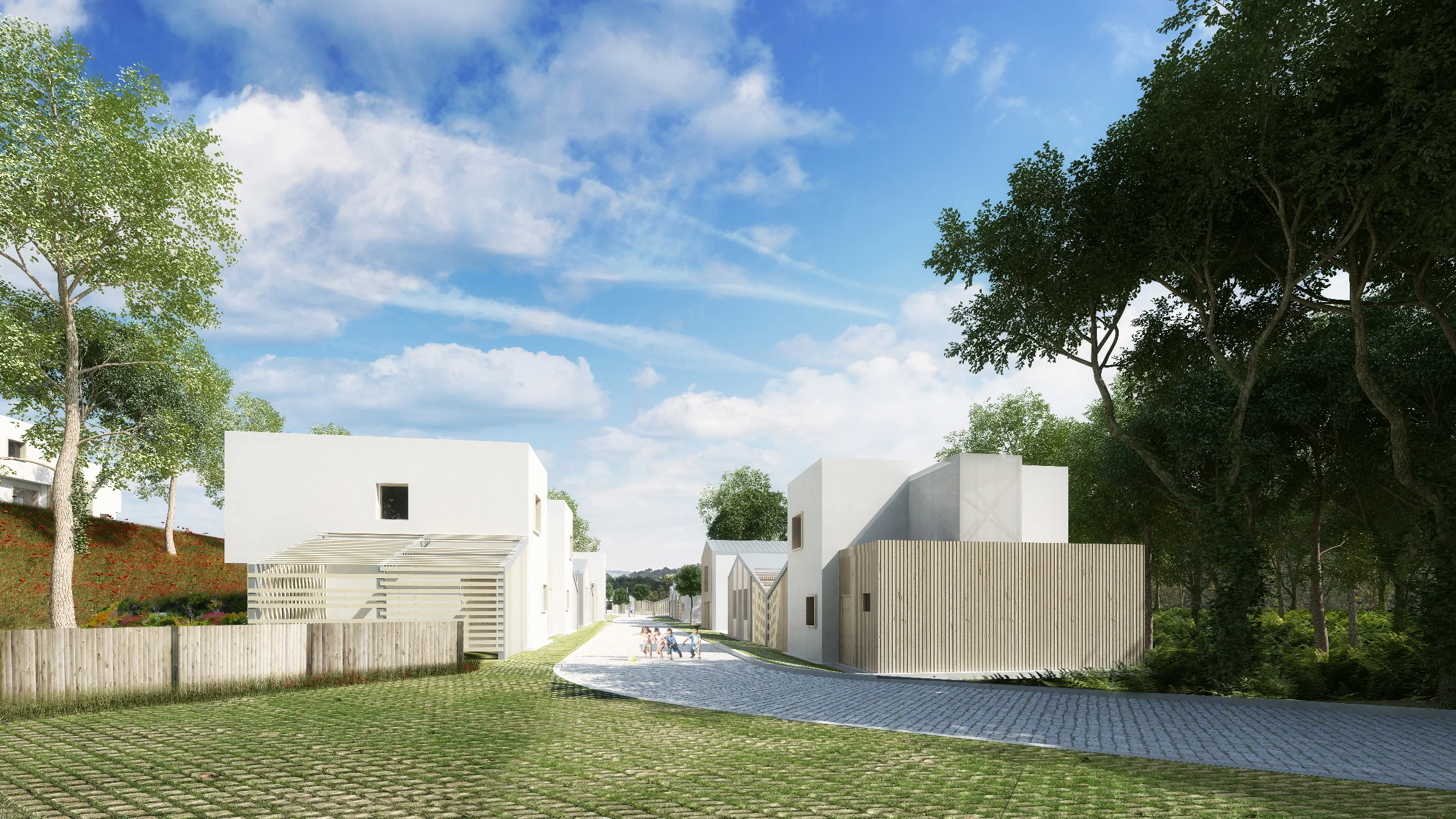 Ce projet pénètre un espace rural en rupture avec l’urbanisme environnant. Le projet prend appui sur un hameau du Mas de Blanc situé à l’Est. On ne crée rien, on ne fait que prolonger en s’inspirant du précédent, ici , un geste urbain qui s’est naturellement concrétisé avec les années et qui a, à nos yeux, que des qualités. Terrain à la forme cassée, traversé par une voie existante, son aménagement ne doit pas rompre abruptement cette «harmonie» gagnée au fil des temps et doit montrer un urbanisme doux. L’expansion du Hameau: Afin de donner une lecture en continuité, un dessin des limites a été fait en continuité avec l’expression des contours du hameau. Telle une résonnance, des lignes brisées se propagent en ondes homothétiques tout en s’accordant à la topographie et limites du site. L’extension des chemins pastoraux. Des passages se créent venant se raccorder aux chemins existants ont une fonction de noue, permettant de drainer les eaux sur le site vers une zone de rétention paysagée proche du ruisseau.