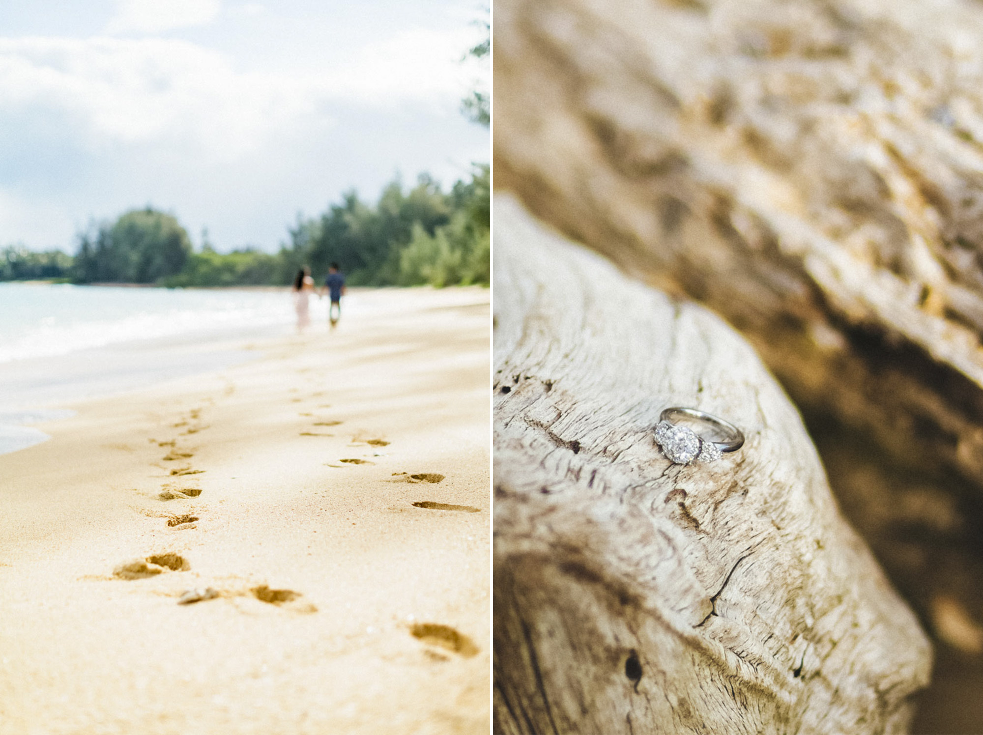 engagement ring and footprints in kanaha beach park in maui