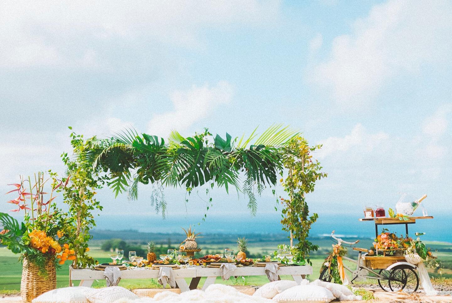 In Love with everything of this Fairytale tropical Picnic 🧺✨ . Pineapple merengue cake , locally grown blooms and floral tea and more ...A Luxe #experience Ready to go 🪄table for 8 for your perfect Partey ☺️ specialy designed to perfection in partn