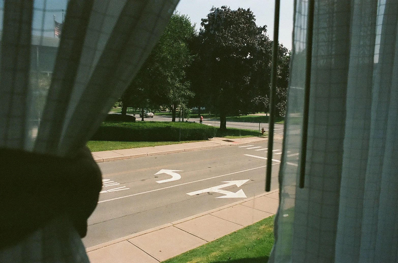 View of a street and sidewalk through a window with curtains. A police arrow marking is painted on the street.