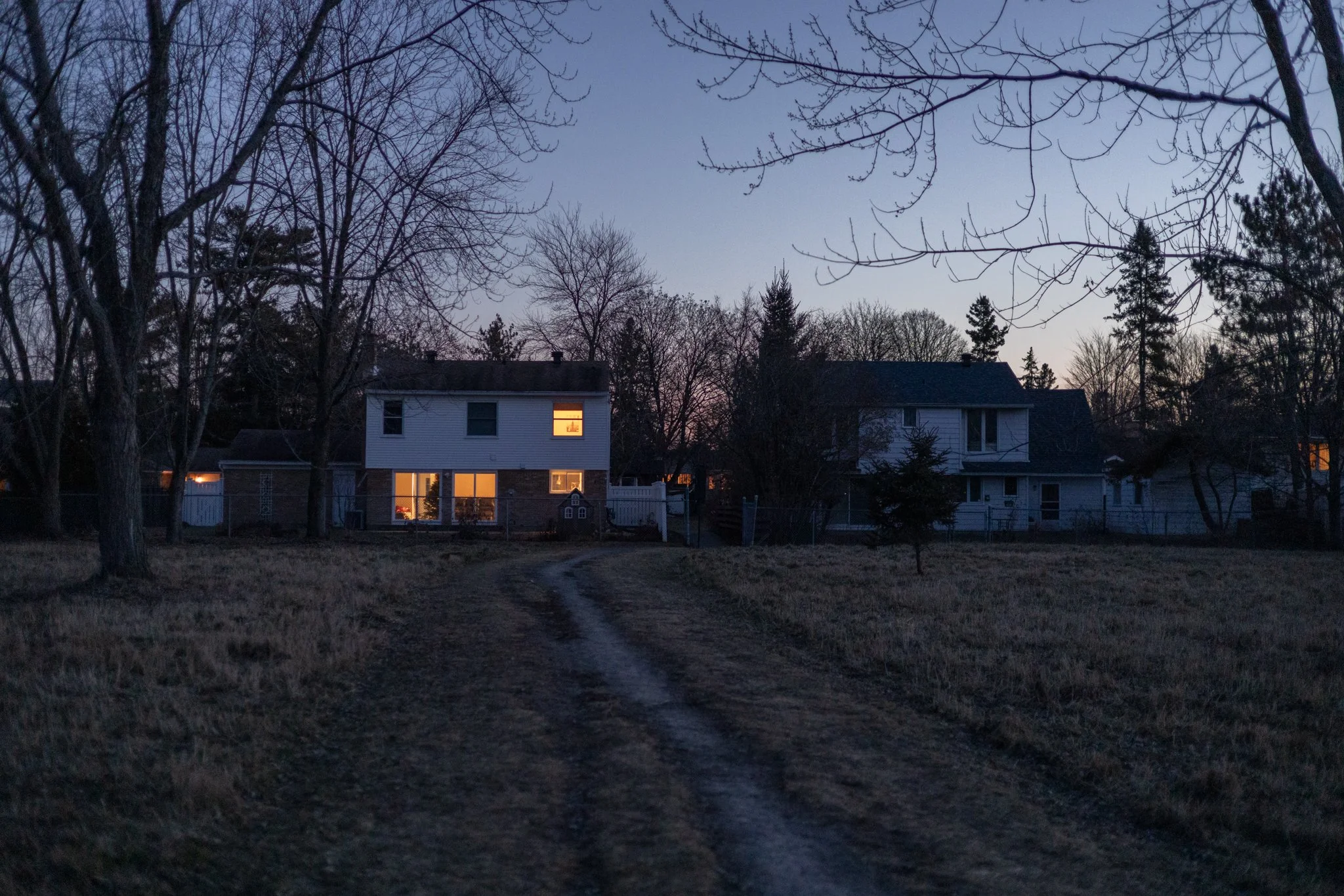 Dirt pathway leading to two houses with lit windows, surrounded by leafless trees, during dusk.