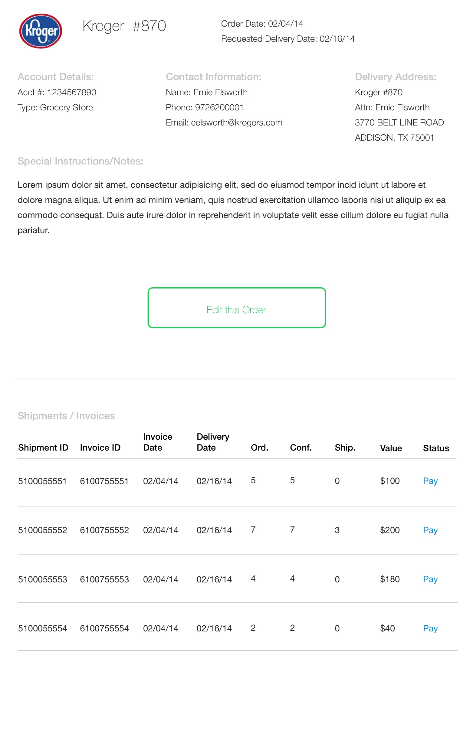 Order Status Scrollable Area