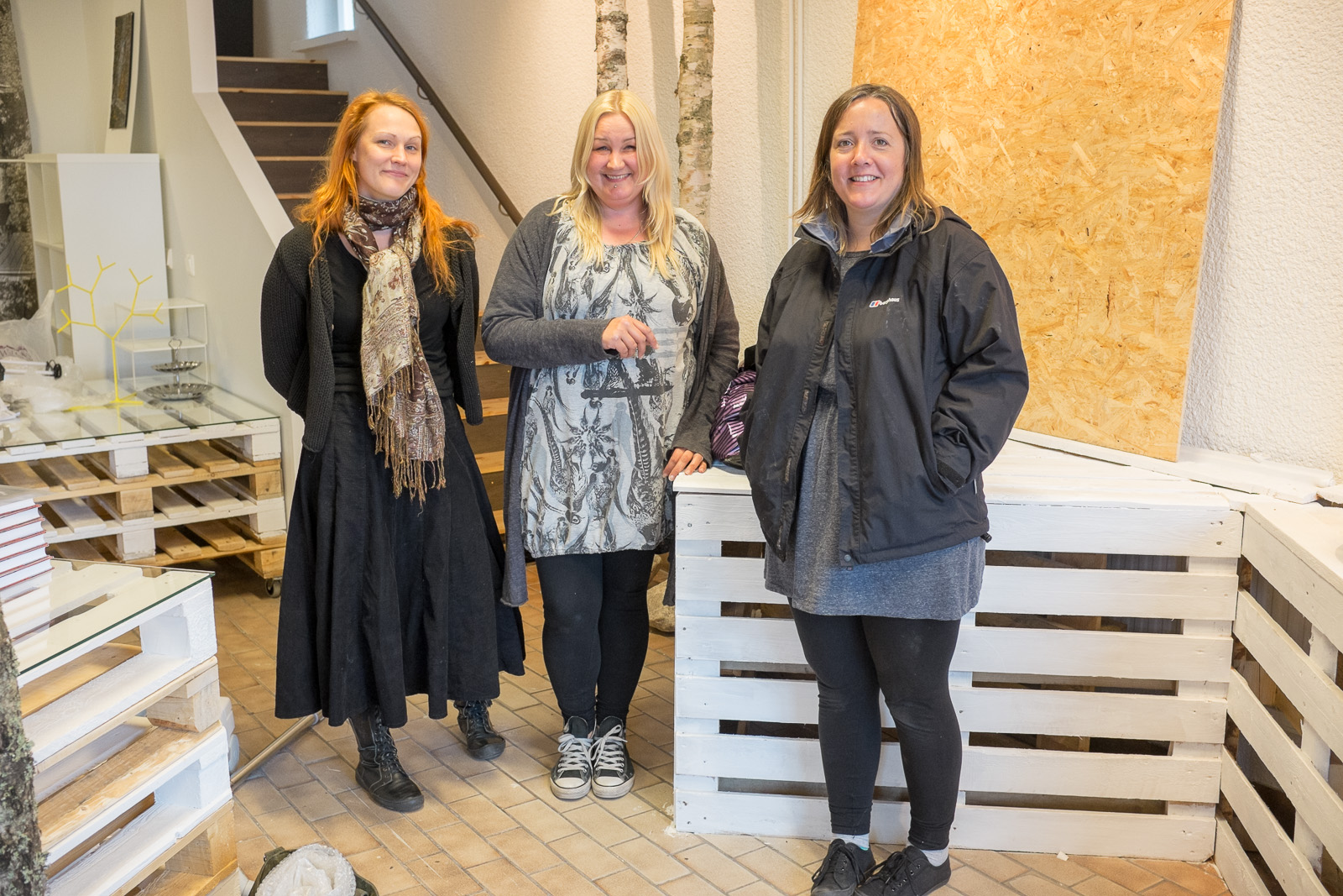4 days before the opening - from left: artist Outimaija Hakala with Paula & Lisa from Propeller Gallery .