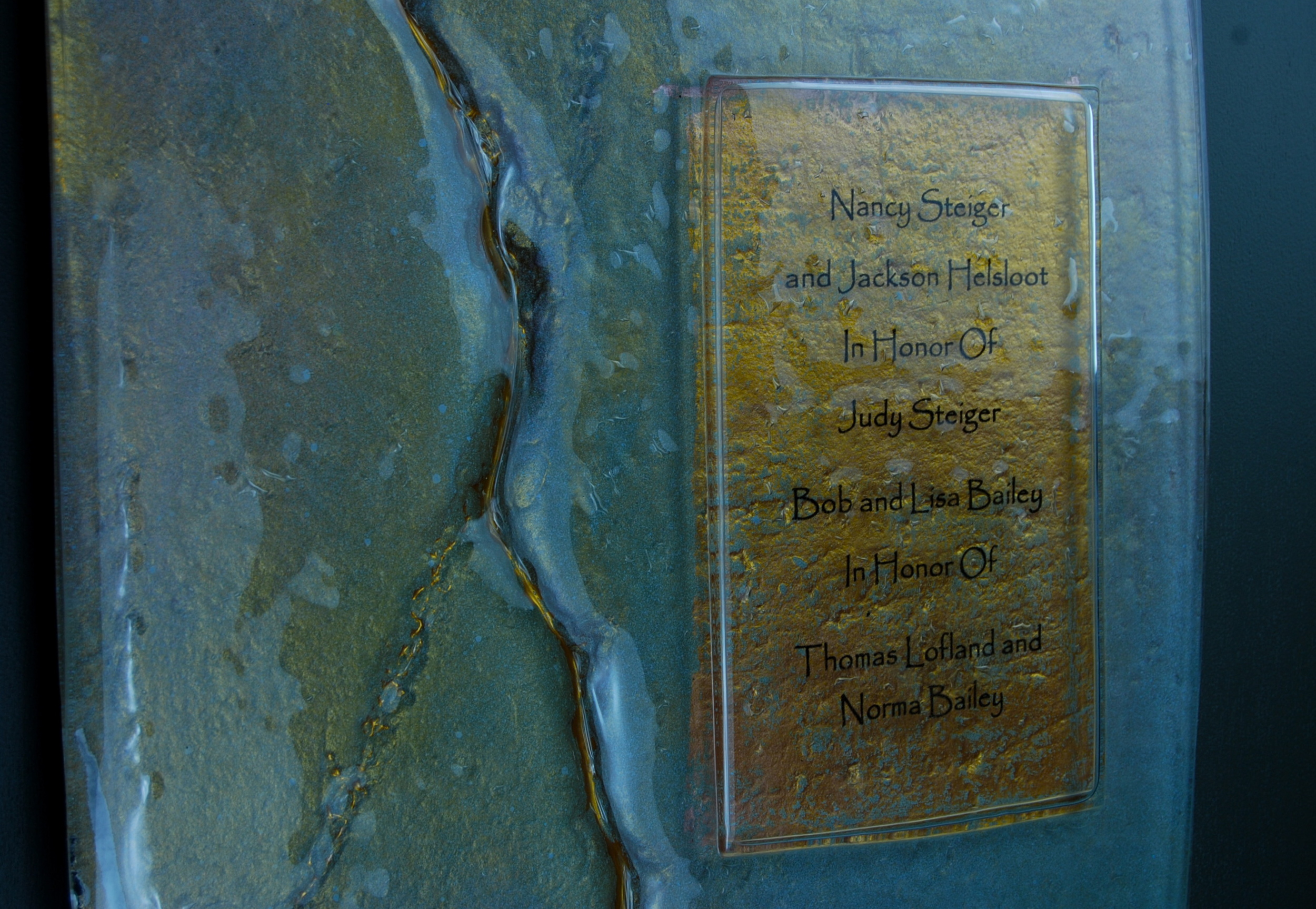 Donor Recognition Panel - Fused and hand-painted glass with bronze and blue color palette.