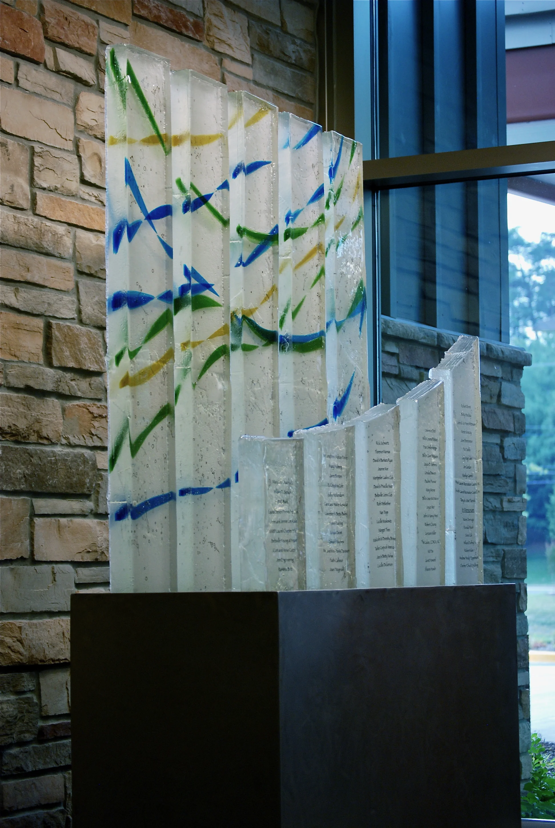 Beltsville-Laurel - Donor Recognition Sculpture - Fused glass columns with a custom made steel base - 7' high x 6' wide