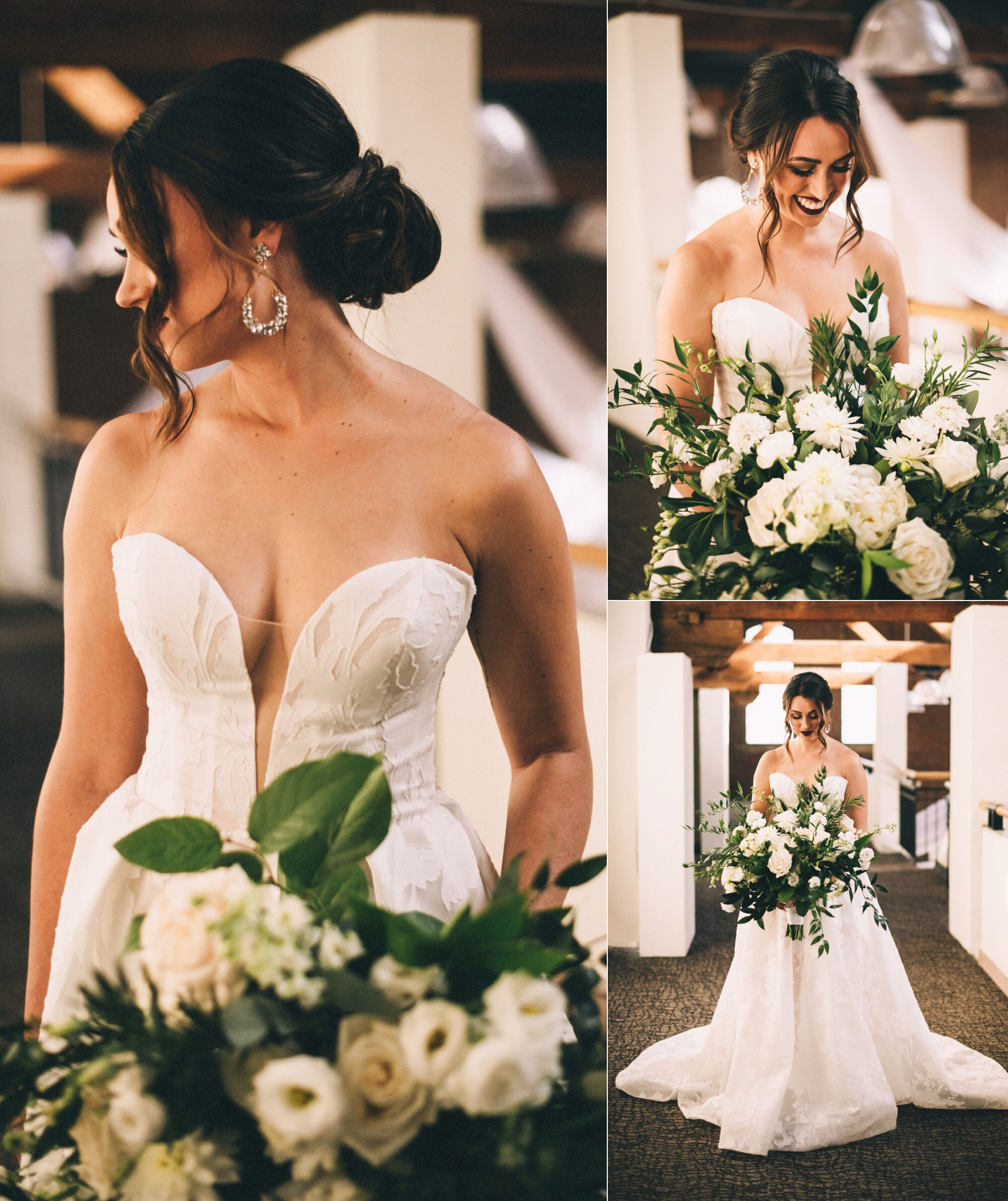  Allison poses in her wedding gown with her very large bouquet, full of white flowers and lots of greenery 