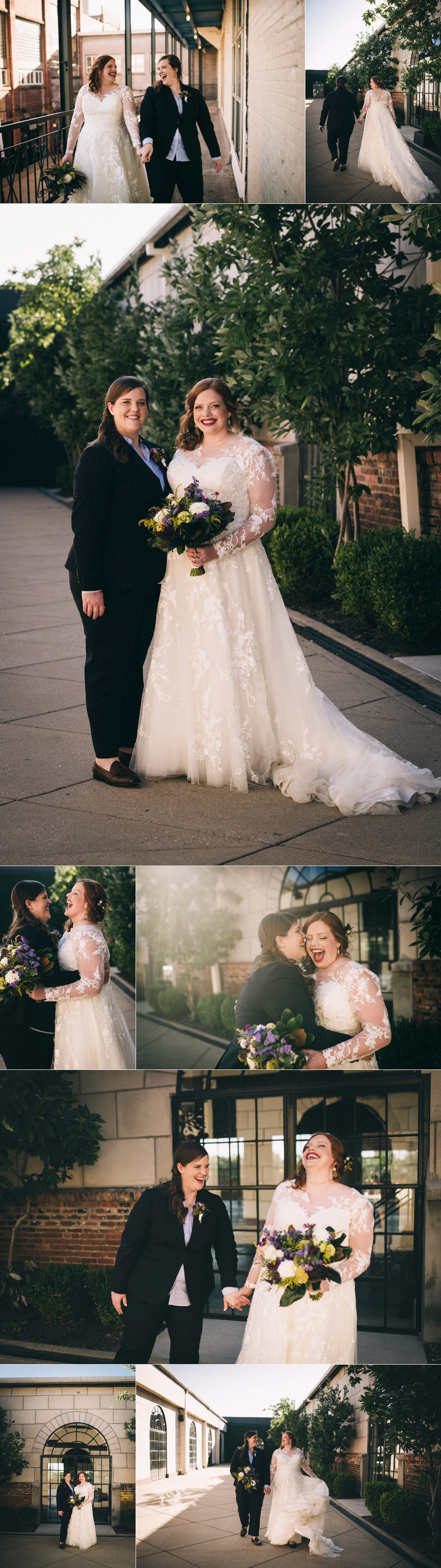  In this collage of images, the couple explores the property of Mellwood Art Center. The third image shows them smiling for the camera in a more traditional posed image. The next three images are more playful as they hug, make each other laugh, and w