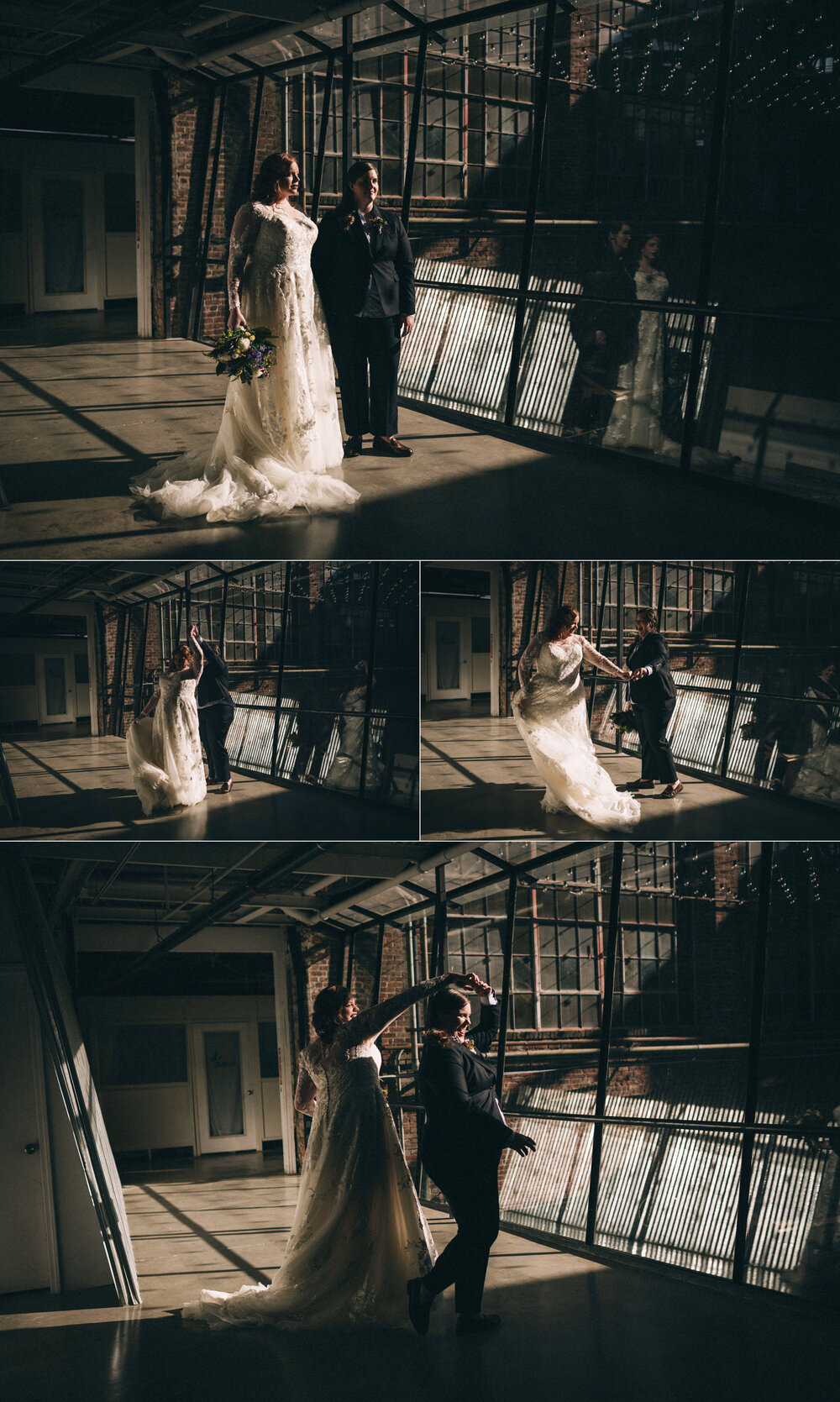 In this collage of four images, the couple stands in an industrial walkway in front of a large row of windows. There is harsh sunlight coming from the right of the frame causing dramatic lines and shadows. In the first image, they have serious faces
