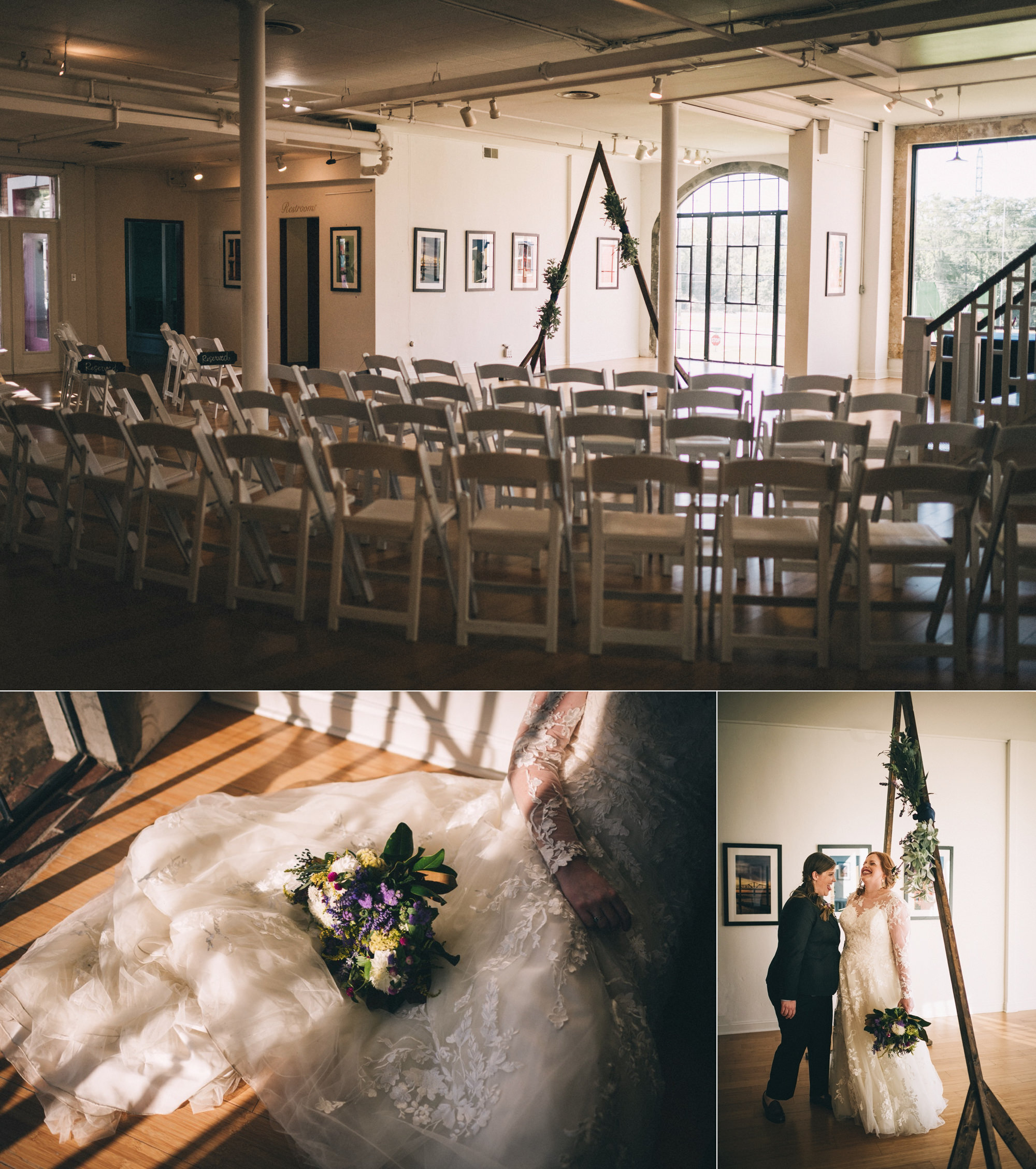  The first image shows a small room with chairs arranged in an arch all facing towards a triangular wedding altar made from wood. There are framed works of art on the walls, and a large industrial window is behind the wedding altar. In the next image