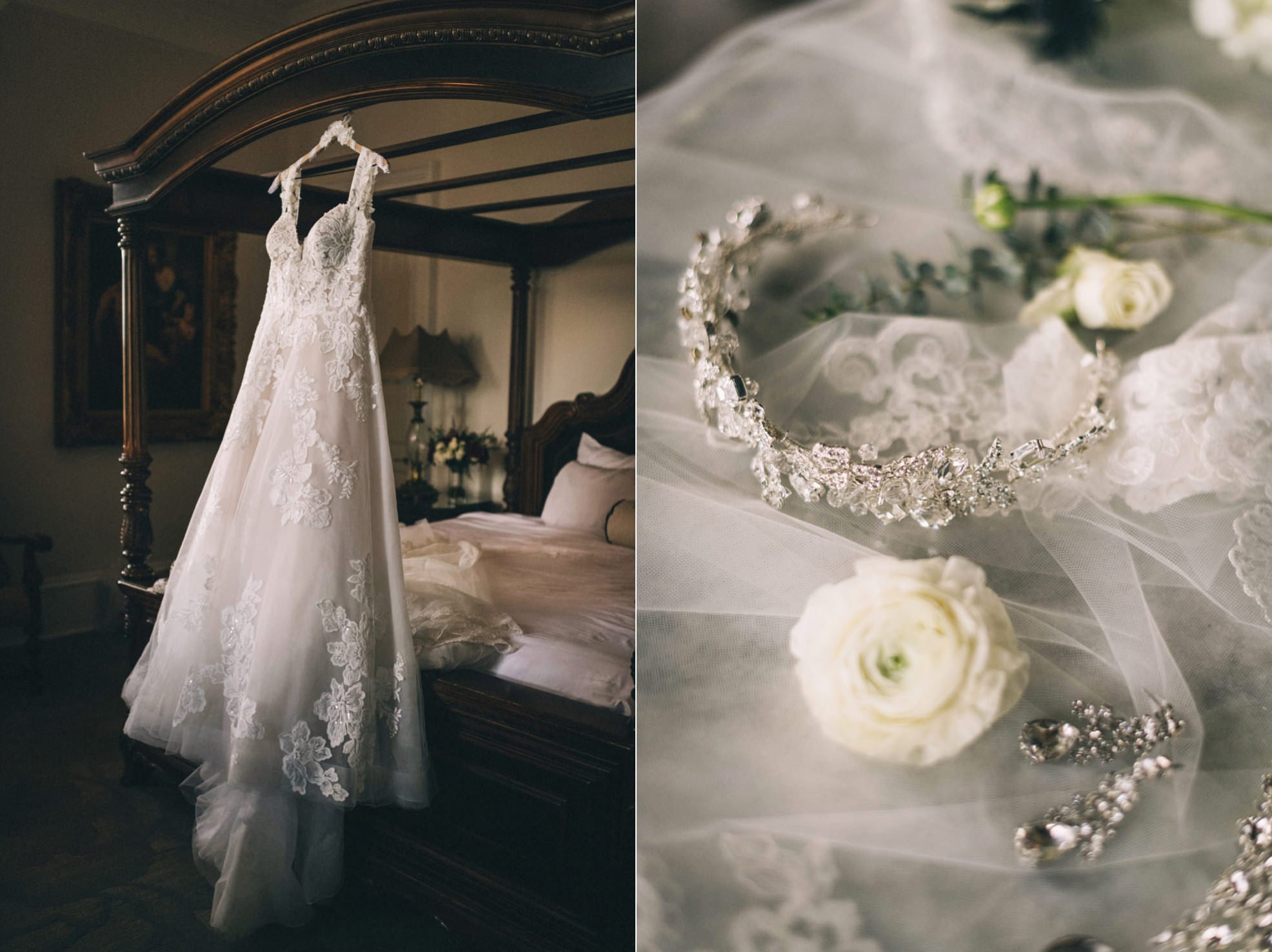  Getting ready details includeing a lacy wedding gown, crystal drop earrings, and a sparkly crystal headpiece.  