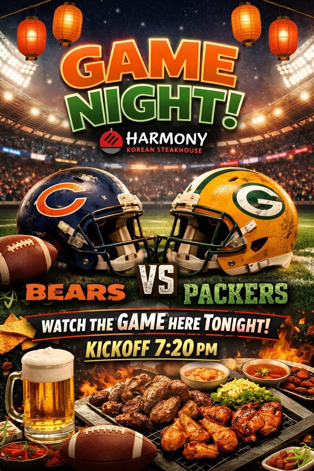 🏈🔥 GAME NIGHT AT HARMONY! 🔥🏈

The rivalry is ON &mdash; Bears vs. Packers is happening tonight and there&rsquo;s no better place to watch than Harmony Korean Steakhouse! 🐻🆚🧀

Catch every play on our screens while enjoying sizzling Korean BBQ, 