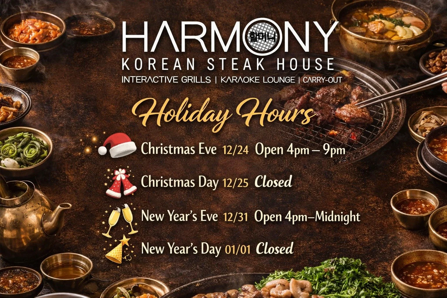Happy Holidays from all of us at Harmony Korean Steakhouse 🎄✨

Whether you&rsquo;re celebrating with family, friends, or planning a night out to ring in the New Year, we&rsquo;re so grateful for all the love and support this season. Come grill, sip,