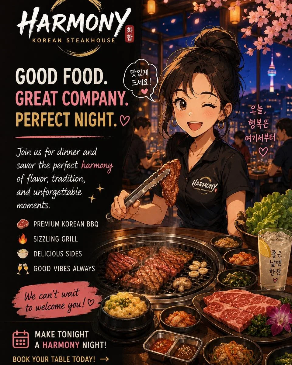 🔥🥩 Dinner plans? Make it a Harmony night! 🍶✨

From sizzling Korean BBQ to flavorful favorites, there&rsquo;s always something delicious waiting for you at Harmony Korean Steakhouse 🍽️❤️

🚶 Walk-ins always welcome!
📲 Online ordering available th